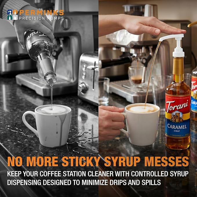 Syrup Pump, Compatible with 750ml Torani, Davinci & Skinny, 2-Pack, White | Leak-free, 1/4oz precision pump with locking nozzle. Great for coffee bar accessories, dirty soda stations & dessert sauces
