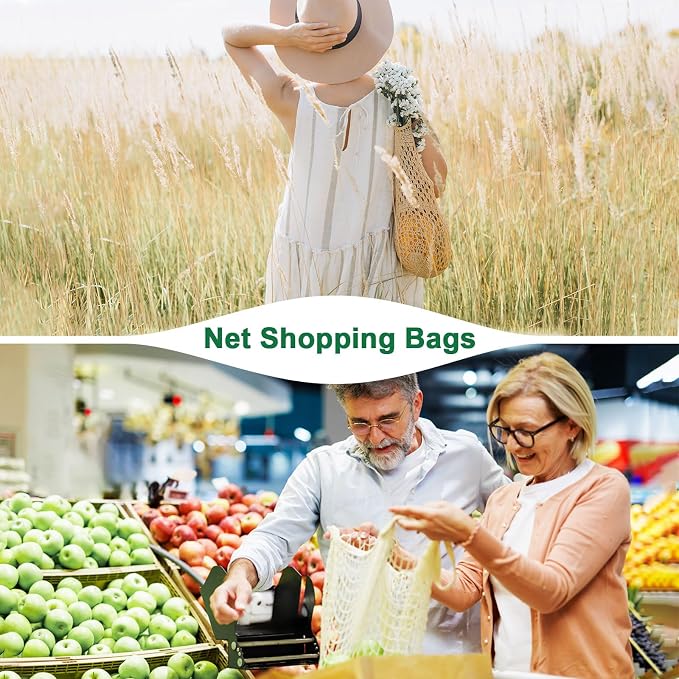 M METERXITY 2-Pack Cotton Mesh Bag, Reusable Washable Mesh Net String Grocery Bags, Reusable Produce Bags with Handle, Net Tote Bag for Fruits/Vegetables Shopping [Gray, Long&Short Handle]