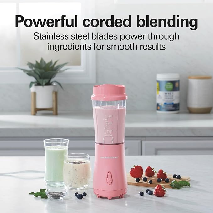 Hamilton Beach Portable Blender for Smoothies With 14 oz. Travel Jar | BPA Free Jar & Lid | Durable Stainless Steel Blades | 300 Watts Peak Power | Personal Smoothie Blender | Coral | 51171G