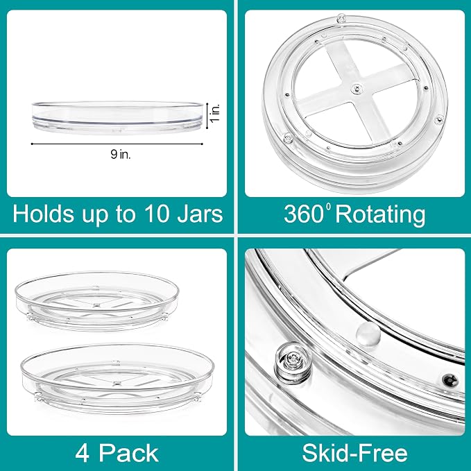 Sorbus 9 Inch Flat Clear Lazy Susan Organizer, Turntable Organizer for Spice Organization for Cabinet, Lazy Susan Turntable for Kitchen, Home, Office, Closet, Laundry Room Organization (4-Pack)