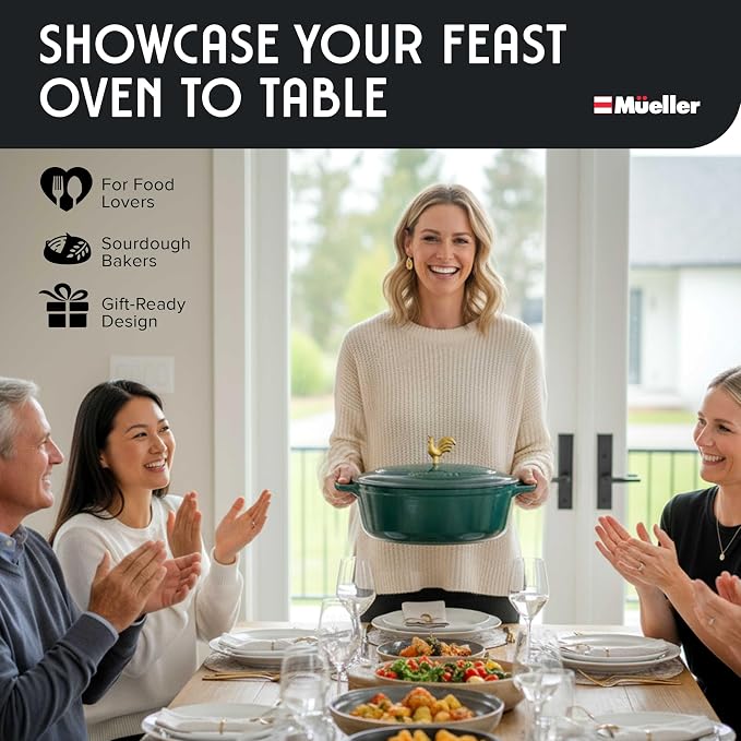 MUELLER HOME 5.5 Quart Enameled Cast Iron Oval Dutch Oven with Rooster Knob and Cotton Potholders, Heavy-Duty Cookware, Oven-Safe up to 500° F & Across All Cooktops, Thanksgiving Essentials, Emerald | Rooster Knob, Cotton Potholders Included, Heavy-Dut...