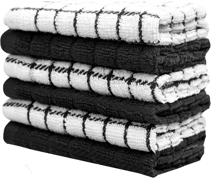 Bumble Dish Cloths (6-Pack), 100% Cotton Kitchen Towels, 12"x12" - Black | 405 GSM | Soft, Highly Absorbent & Durable Dish Towels for Kitchen