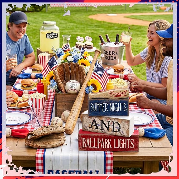 Lineshading 4 Pcs Baseball Wooden Blocks Sign with Bat, Blue White Red | Summer Nights Ballpark Lights Farmhouse Style, Party Centerpiece Room Tiered Tray, Stackable Blocks for Fans Boys Decor