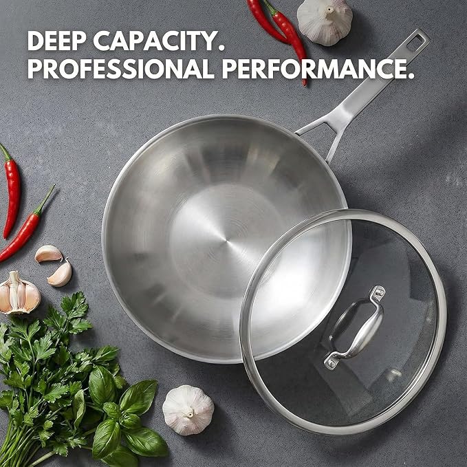 Inqibee 12 Inch Stainless Steel Wok Pan with Lid, Detachable Handle | Uncoated Tri-Ply Stainless Steel Stir Fry Pan, Everyday Cooking Wok for Induction, Flat Bottom, Dishwasher & Oven Safe