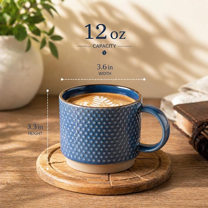GBhome 12 OZ Stackable Coffee Mugs, Ceramic Coffee Mugs with Texture Patterns for Man,Woman,Dad,Mom, Modern Coffee Cups Set of 4 for Latte/Cappuccino/Cocoa. Dishwasher&Microwave Safe | 4 Assorted Designs, Embossed Mugs with Texture Patterns for Tea/Cof...