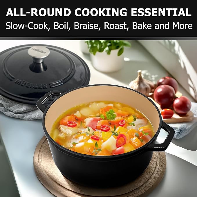 MUELLER HOME 6 Quart Enameled Cast Iron Pot Dutch Oven, Heavy-Duty | Oven-Safe to 500°F & Across All Cooktops, Casserole Dishes for Ovens, Bread Pan with Lid & Knob, Cast Iron Cookware, Black