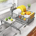 SNTD Expandable Dish Drying Rack for Kitchen Counter, Stainless Steel, Grey | Foldable Over Sink, Large Capacity, Adjust to Fit Most Sinks, Angled Drainboard, Removable Utensil Holder, Slip Resistant