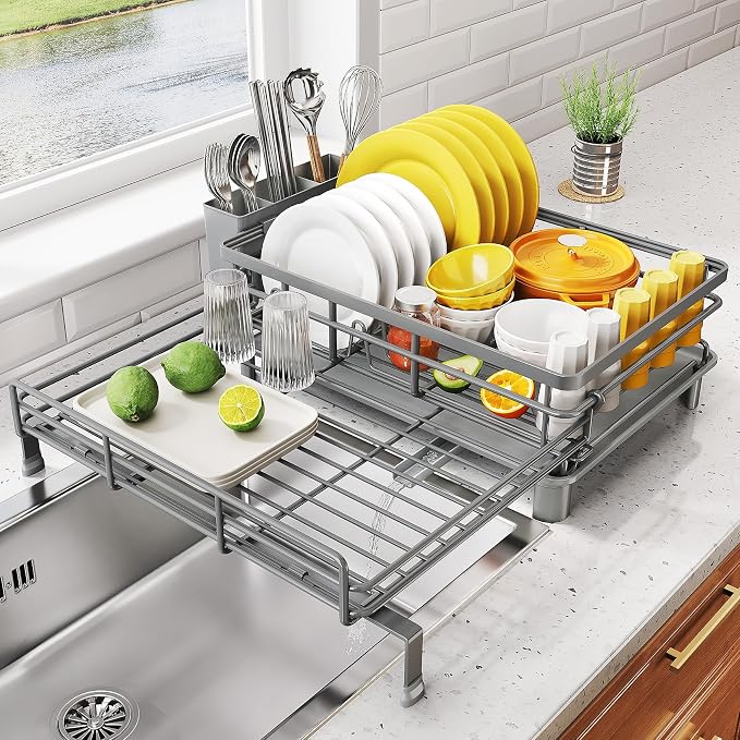 SNTD Expandable Dish Drying Rack for Kitchen Counter, Stainless Steel, Grey | Foldable Over Sink, Large Capacity, Adjust to Fit Most Sinks, Angled Drainboard, Removable Utensil Holder, Slip Resistant
