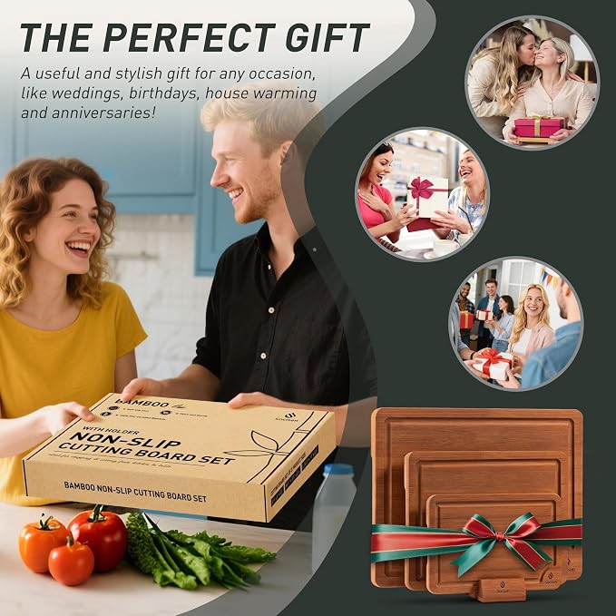 3 Packs Bamboo Cutting Board Set with Non Slip Feet Holder and Over Sink Nice Solid Thick Wood Juice Groove Chopping Board Extra Large Big Small Best Hardwood Kitchen Organic Vegetable Meat BBQ Kit