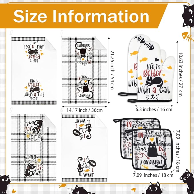 8 PCS Black Cat Decor Kitchen Decor and Accessories - 4 Dish Towels Set 2 Oven Mitts and Pot Holders Sets for Cat Lover Cooking Baking Cute Kitty Kitten Plaid Lightweight