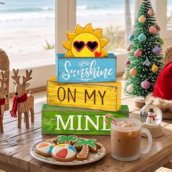 Lineshading 4 Pcs Summer Wooden Block Signs Table Decor Sunshine | Rustic Farmhouse Decorations for Tiered Tray, Shelf Displays, Seasonal Home Accents with Sun Topper, Stackable Design