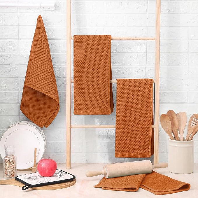 Homaxy 100% Cotton Waffle Weave Kitchen Dish Towels 4-Pack, Burnt Orange | 13 x 28 Inches, Ultra Soft Absorbent Dish Towels, Quick Drying Cleaning Towels