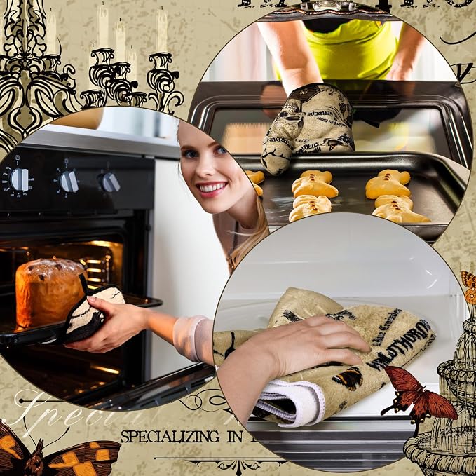 SiliFine 12 Pcs Halloween Gothic Kitchen Accessories Set Gothic Skull Oven Mitts Raven Pot Holders Owl Kitchen Towels for Halloween Home Decorations, Cooking Baking Gifts