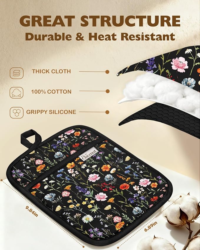 100% Cotton Pot Holders Textured Soft Silicone Black Floral | Stylish Pot Holders 2pcs, Machine Washable Non-Slip Heat Resistant Hot Pads & Oven Mitts 2-in-1, Practical Kitchen Decor