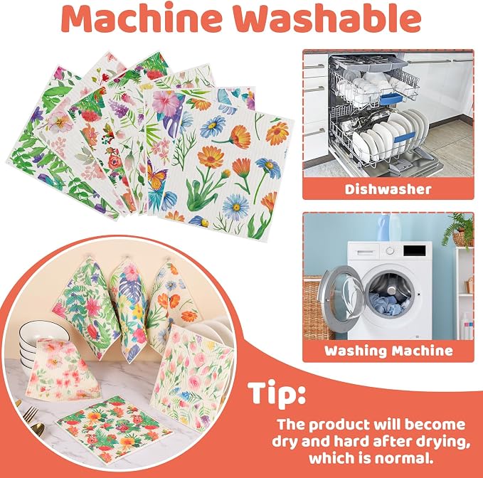 Needbrock 6 Pack Spring Floral Swedish Dishcloths for Kitchen, Swedish Rag | Absorbent Dish Towel with Adhesive Clips, Reusable Paper Towels No Odor for Countertop Dishes Cleaning Kitchen
