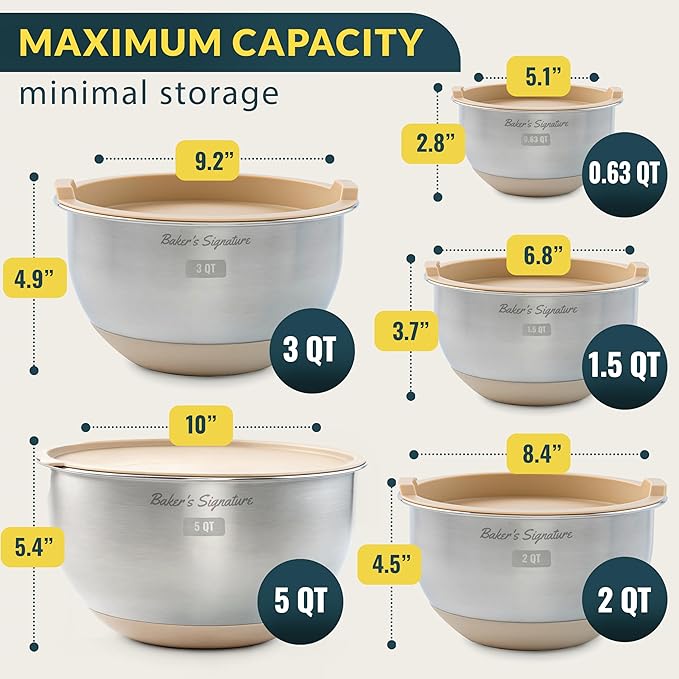 Baker's Signature Stainless Steel Mixing Bowls with Lids Set, 5 Sizes | 3 Graters, Non-Slip Base, Airtight Metal for Kitchen, Food Prep, Storage, 0.63QT-5QT, Khaki