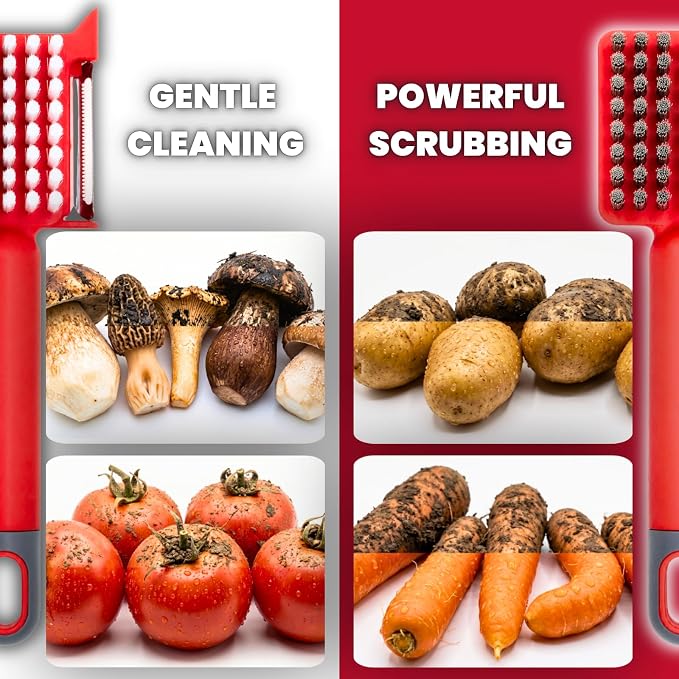 2 Pack Vegetable Brush & Potato Scrubber with Built-in Peeler | Scrub, Peel & Remove Potato Eyes with One Tool, Dual Bristles, Comfortable Grip, 2-Pack Value