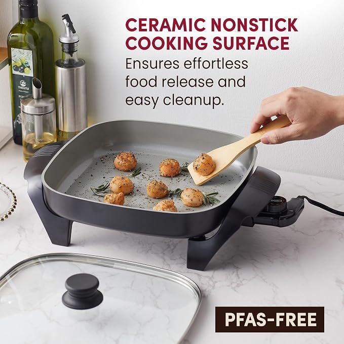 Elite Gourmet Ceralast PFAS-Free Ceramic Electric Skillet, 1200W, Dark Gray | Dishwasher Safe, Rapid Heat-Up Coating, 12"x12" Cooking Surface, Non-Stick for Everyday Meals - 2.15" Deep Design