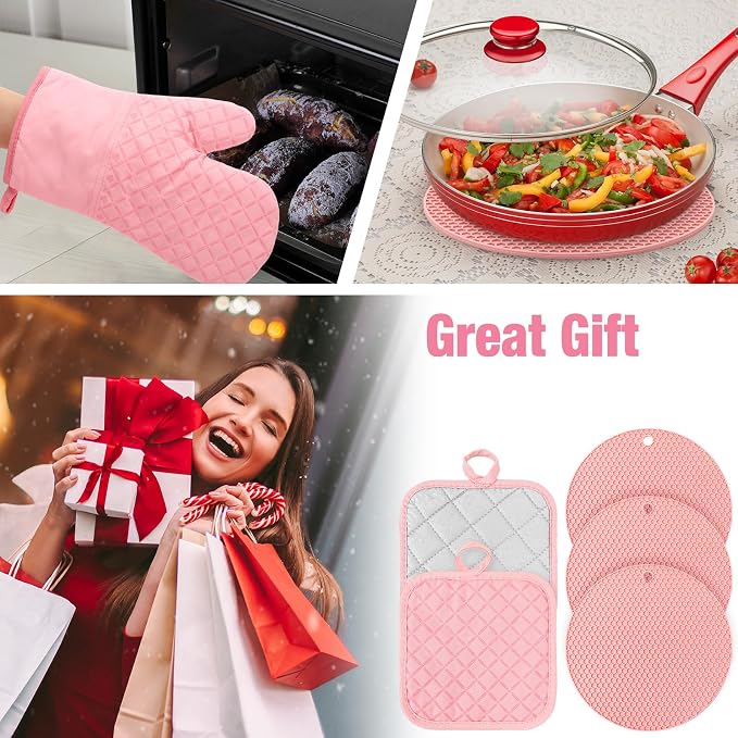 Pink Oven Mitts and Pot Holders 7 Sets, Pink, Rubber Cotton, Honeycomb | Heat Resistant Kitchen Gloves, Pads Pot Holders for Women, Chritsmas Gifts Kitchen Accessories Gift