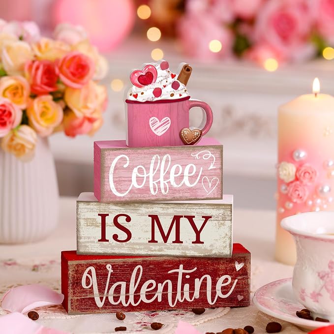 Lineshading 4 Pcs Valentine Coffee Wood Block Signs, Tiered Tray Decor | Rustic Farmhouse Stackable Blocks, Distressed Wood Finish, 3D Mug Topper, Kitchen Coffee Bar Tabletop Centerpiece
