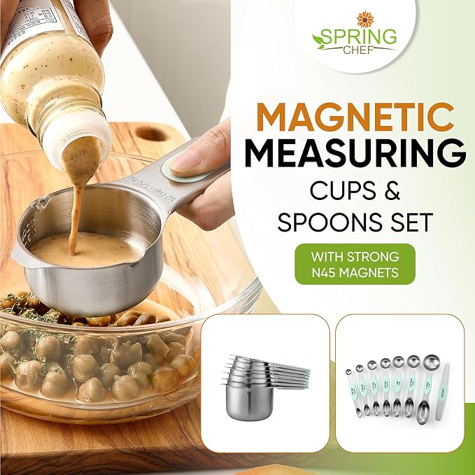 Spring Chef Magnetic Measuring Cups & Spoons Set of 15, Patented, Mint | Stackable Stainless Steel Measuring Cups & Heavy Duty Metal Measuring Spoons with Levelers for Dry & Liquid Ingredients