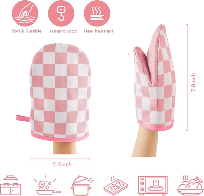 Ohocut Pink Checkered Mini Oven Mitts Heat Resistant, Vintage Retro Checkerboard Mini Silicone Oven Mitts Cute, Non-Slip Small Short Kitchen Oven Gloves Set of 2