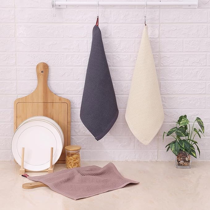 Kitinjoy 100% Cotton Waffle 6-Pack Kitchen Towels, 12" x 12", Mixed Color | Ultra Absorbent, Super Soft, lightweight, Quick Drying Dish Rags for Washing Dishes