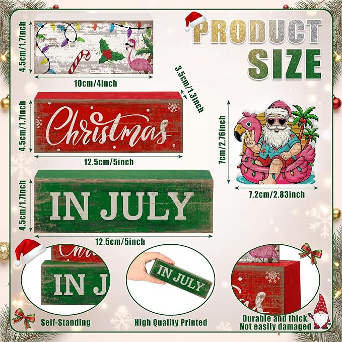 Lineshading 4 Pcs Christmas in July Table Decor Summer Santa Wooden Signs | Tropical Christmas Tiered Tray Decor Farmhouse Stacked Santa Flamingo Palm Tree Beach Party Supplies Shelf Home Office
