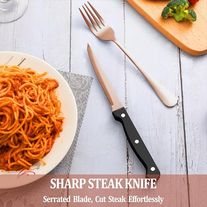 36 Pcs Rose Gold Silverware Set with Steak Knives, Stainless Steel Flatware Cutlery Set for 6, Kitchen Tableware Sets, Utensil Sets for Home and Restaurant, Dishwasher Safe