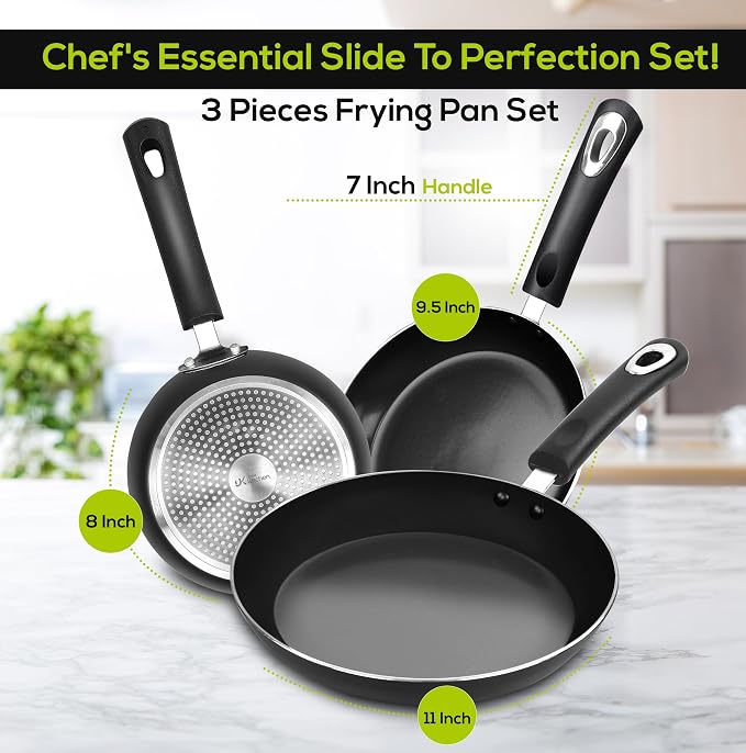 Utopia Kitchen Nonstick Frying Pan Set 3 Piece 8 9.5 11 Inch PFOA Free Grey | Omelette Pan, 3 Piece Skillet Set, Induction Bottom, Cookware, Heat Resistant, Bakelite Handle, Kitchen Use