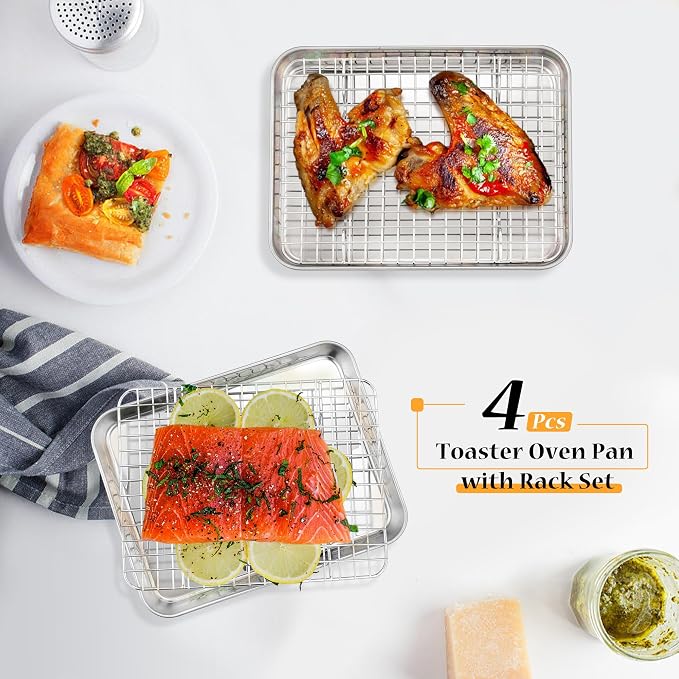 TeamFar Cookie Sheets with Cooling Racks, 2 Pans + 2 Racks, 10.5x8x1 Inch | Stainless Steel Small Toast Oven Tray Pan with Grid Rack for Baking Roasting Cooling, Non-Toxic & Heavy-Duty, Dishwasher Safe