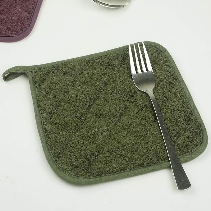 Pot Holders for Kitchen, 100% Cotton Terry Pot Holder Set of 5, Heat Resistant Hot Pads for Cooking, Baking, Hot Dishes and Countertop Protection, Olive Green