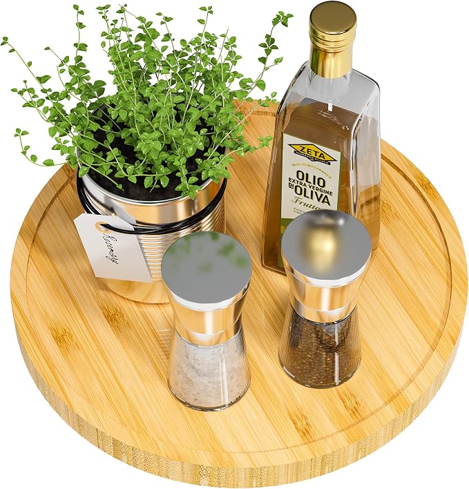 Lazy Susan Organizer, 10 Inch Non-Skid Bamboo Turntable Organizer | Salt Pepper Olive Oil and Spices Next to Stove, Wooden Lazy Susan for Table or Kitchen Countertop Organizer