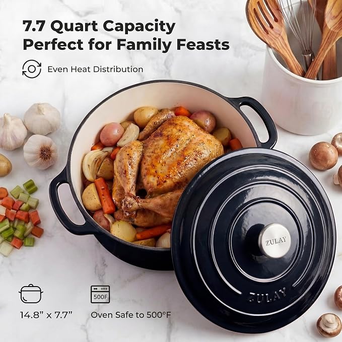 Zulay Kitchen 7.7 Quart Enameled Cast Iron Dutch Oven Pot with Lid – Premium Durability & Oven Safe up to 500°F – Heavy Duty Cookware Perfect for Bread Baking, Stews, Braising & Roasting – Black