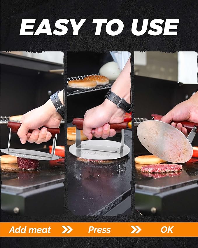 HULISEN Stainless Steel Burger Press, 6.2-Inch Round Burger Smasher | Flat Edge, Heat-Resistant Wooden Handle, Even Pressure for Thin Patties, Griddle Accessories Fit Flat Top Griddles & Skillets