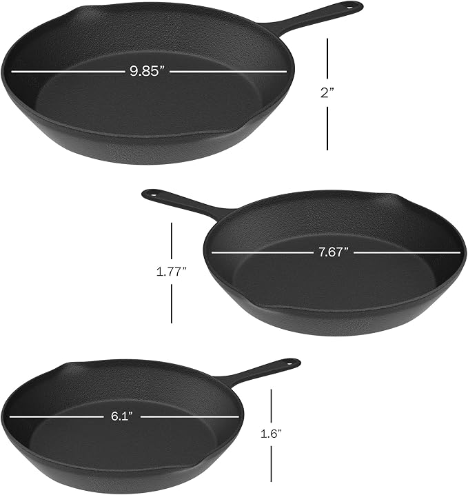Pre Seasoned Cast Iron Skillets - 3 Pan Set - 9 inches, 8 inches, 6 inches - 1.5 to 2 inches deep - Durable with Strong Handle - Great for both veggies and meat | Pre-Seasoned Cast Iron Skillets - Nonstick Camping Cookware