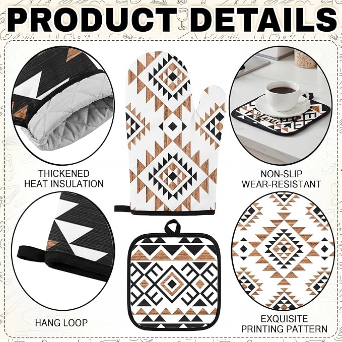 10 Pcs Kitchen Decor and Accessories Set, Western Boho | Aztec Tribal Geometric 4 Dish Towels Kitchen Rugs 2 Oven Mitts 2 Pot Holders, Home Decor for Cooking Baking BBQ Housewarming