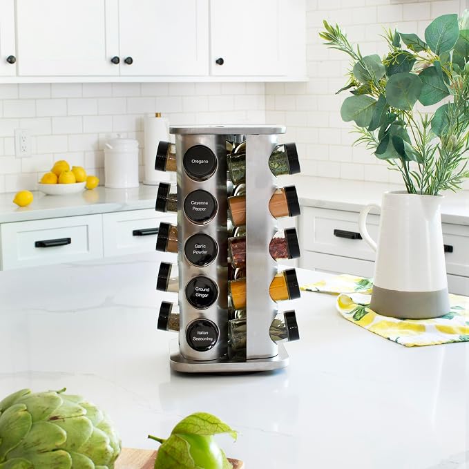 20 Jar Rotating Spice Rack with Spices Included & 5-Year Free Spice Refill Program – Stainless Steel Countertop Spice Rack with 3 oz Glass Jars | 5-Year Free Spice Refill Program, Stainless Steel Countertop, 3 oz Glass Jars