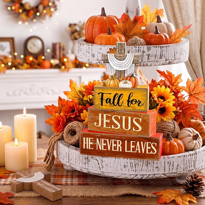 Lineshading 4 Pcs Fall Decoration For Home Fall Religious Wooden Signs | Religious Cross with Pumpkins, Rustic Block Signs for Home, Faith-based Autumn Centerpiece, Thanksgiving Gift, Stackable