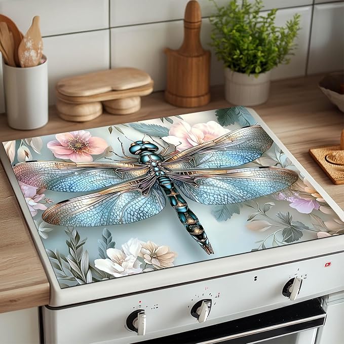 HOMETITUTE Dragonfly Stove Top Cover 28x20 Blue Metallic Diatomite Mat