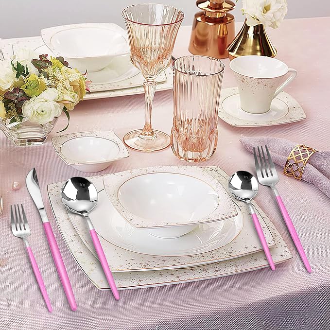 VANVRO Mirror Silver Rosy Silverware Set, 20-Piece Stainless Steel Flatware Set, Satin Finish tableware Cutlery Set, Service for 4, Home and Restaurant, Dishwasher Safe