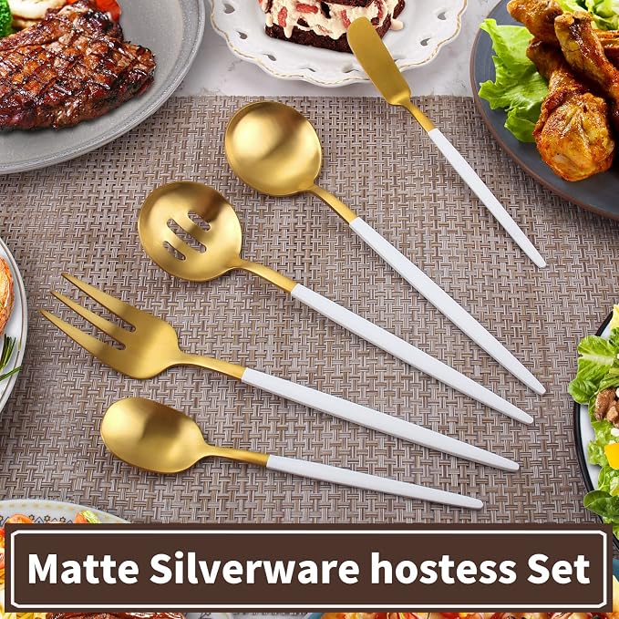 VANVRO Matte White Gold Serving Silverware Set, 5-Piece Round Shared Utensils Set of Stainless Steel, Hostess Flatware Serving Set, Satin Finish, Dishwasher Safe