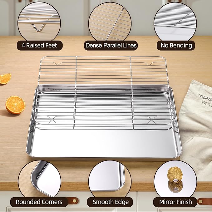 Amrules Baking Sheet with Cooling Rack, Set of 6, Kitchen Baking Pans | Including 3 Premium Stainless Steel Cookie Sheets, 3 Wire Racks, 3 Different Sizes, Nonstick, Heavy Duty Non Toxic