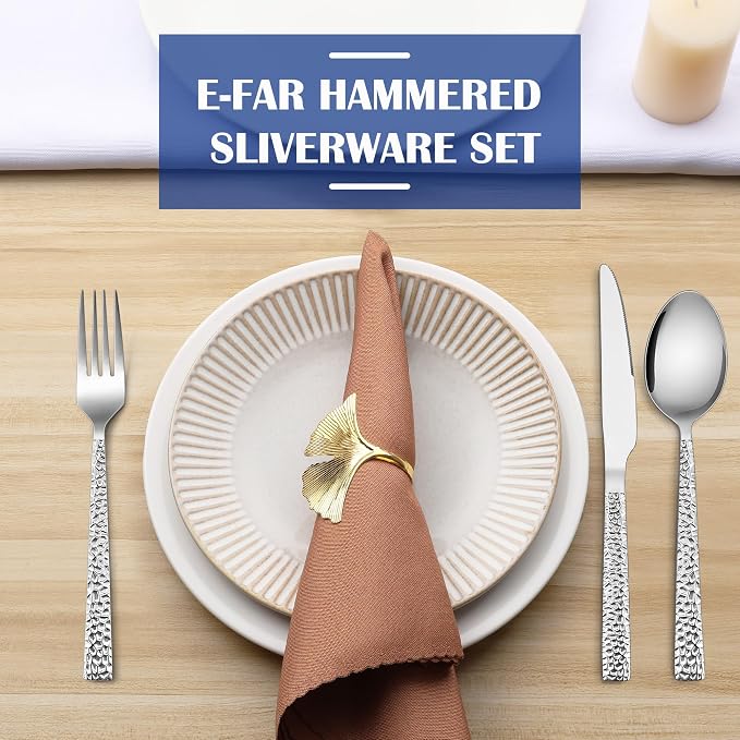 E-far 12-Piece Hammered Silverware Set, Stainless Steel Flatware Set for 4 | Mirror Polished Forks Spoons and Knives Utensils, Square Cutlery Set for Home Kitchen Restaurant, Dishwasher Safe