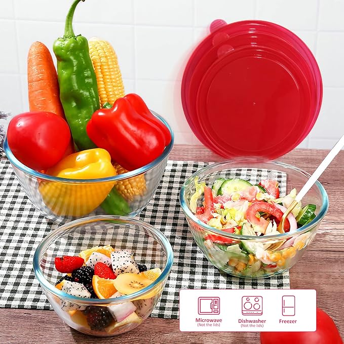 KOMUEE 4 Pack Glass Mixing Bowls Set with Lids (4.8QT, 2.9QT, 1.7QT, 0.8QT) | Glass Nesting Bowls for Kitchen Baking, Cooking and Serving, Oven, Dishwasher, Freezer, and Microwave Safe
