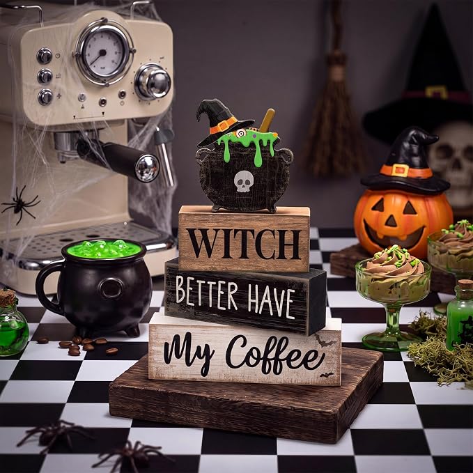 Lineshading 4 Pcs Halloween Witch Wooden Block Signs Farmhouse Tabletop | Rustic Tiered Tray Decor with Cauldron Topper, Coffee Bar Signs for Kitchen Counter, Farmhouse Home Halloween Decorations