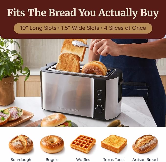 Elite Gourmet ECT-3100 4-Slice Long Slot Toaster, Stainless Steel | Extra-Wide Slots Fit Bagels, Sourdough & Texas Toast, 6 Browning Settings, Reheat, Defrost & Cancel, Built-In Warming Rack