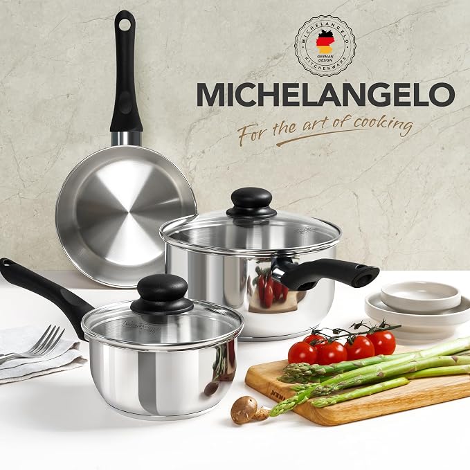 MICHELANGELO Stainless Steel Pots with Lids, Triply Base for Induction | Lightweight Cooking Pot Set, Sauce Pans with Cool-Touch Bakelite Handle, Induction Compatible Saucepan, 1 + 2 + 3QT