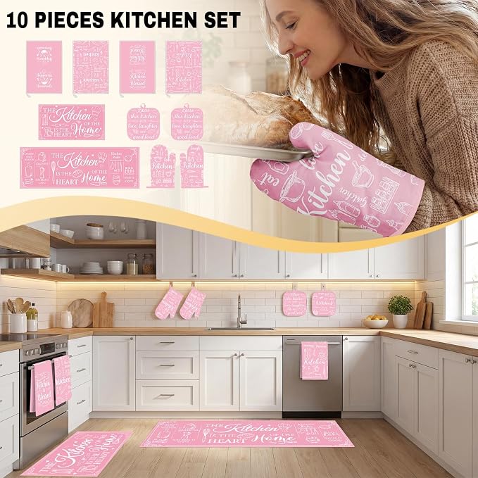 10 Pcs Kitchen Decor and Accessories Set, Pink Retro | Baking Cute Happiness 4 Dish Towels Kitchen Rugs 2 Oven Mitts 2 Pot Holders, Home Decor for Cooking Baking BBQ Housewarming