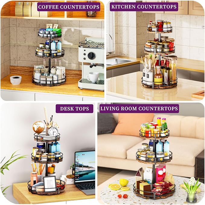 Heavy-Duty 3-Tier Lazy Susan Organizer, Adjustable to Different Heights, Countertop Spice Rack, Upgraded Thickened Wooden Board, Suitable for Seasoning Organizer, Kitchen Organization